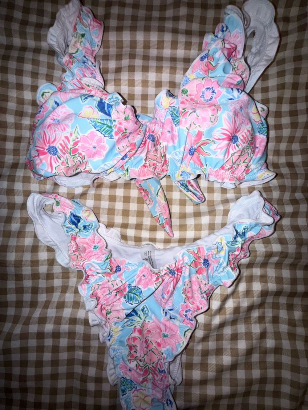 Floral Ruffled Bikini Set — Pink & Light Blue